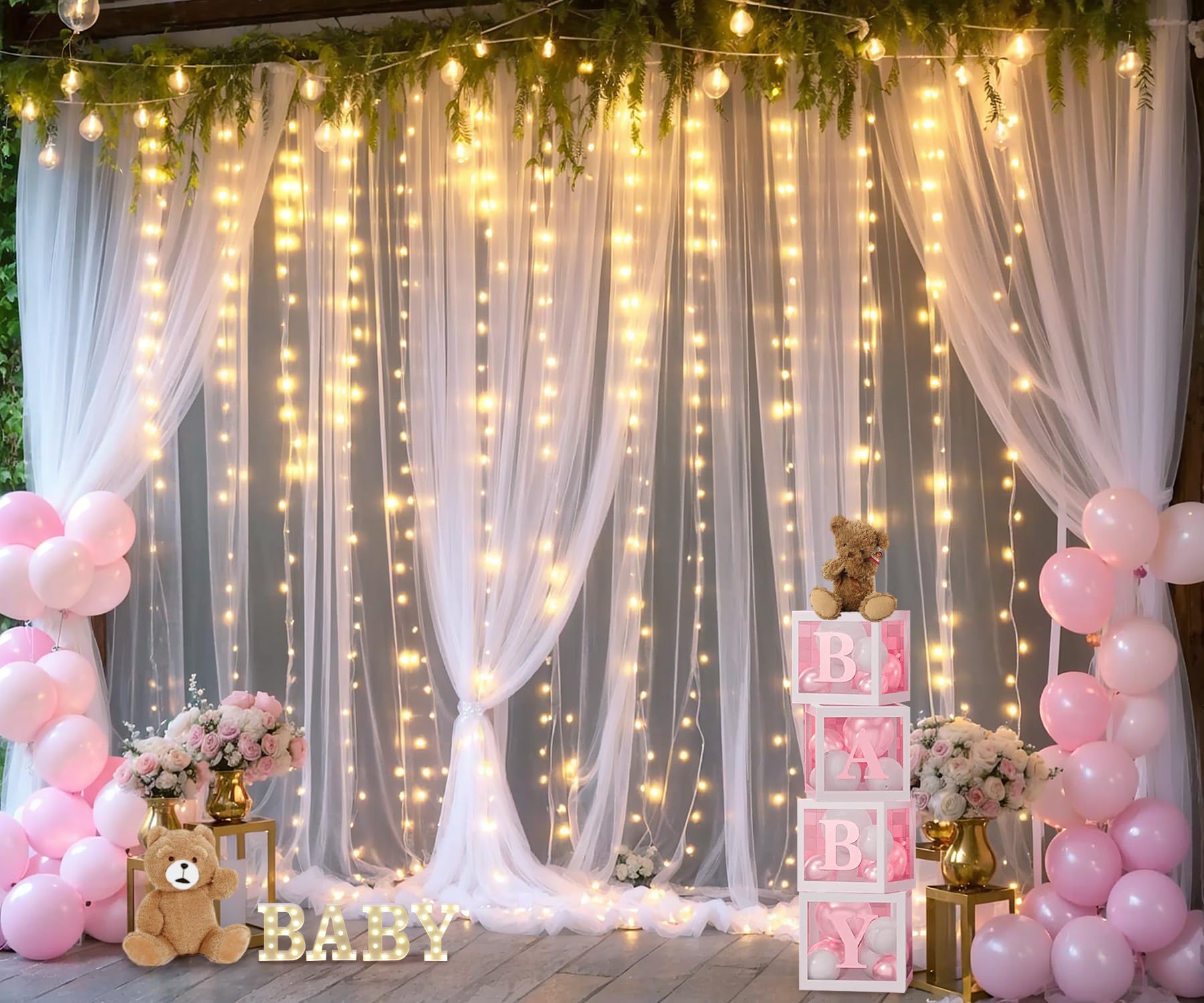 White Tulle Backdrop Curtain With Lights String For Parties Wedding Bridal Shower Sheer White Curtain Backdrop For Birthday Baby